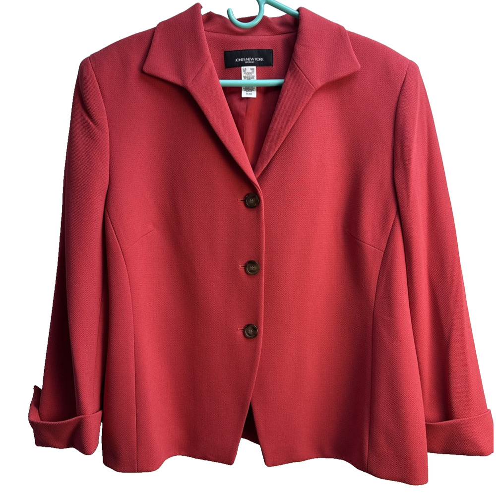 Jones New York Womens size 14 Coral lined 3 button long Sleeve Blazer Jacket
